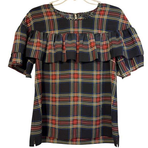 J. Crew Edie Stewart Plaid Ruffle Top Sz. 2 Party Short Sleeve - Picture 1 of 11